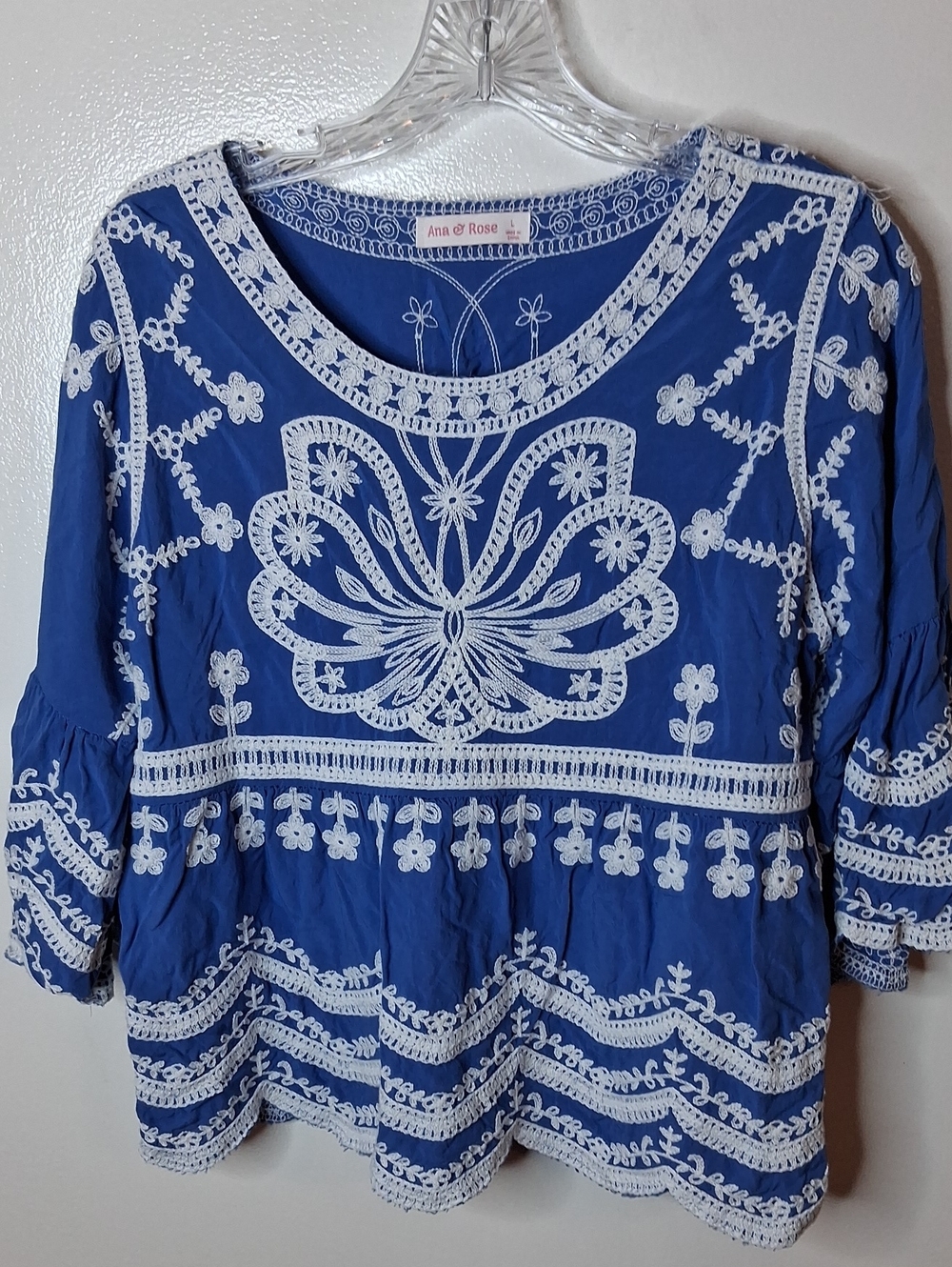 Ana and Rose Women's Size Large Royal Blue Embroidered Tunic Top. Boho